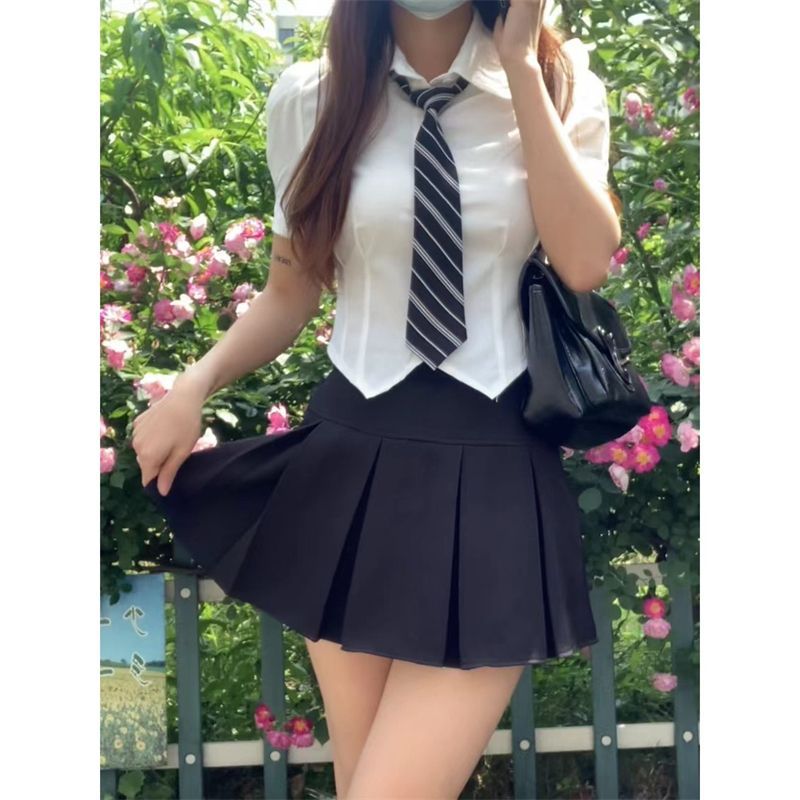 화이트 JK 셔츠 반팔 여성 일본 대학 스타일 JK 유니폼 넥타이 순수한 욕망 스타일 버블 소매 반바지 셔츠