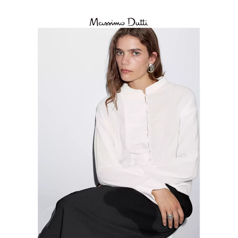 Massimo Dutti 2026 Spring New Women's Clothing New Chinese Style Round Neck Long-Sleeved Linen Shirt Top