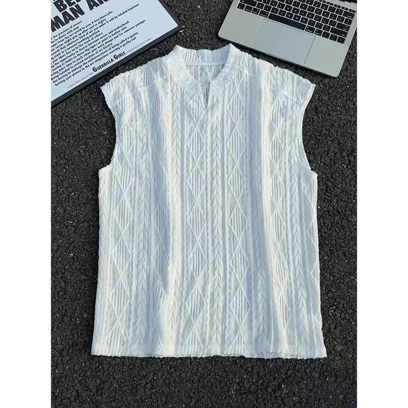 Old Money Style Diamond Pattern Hollow Mesh V-Neck Vest for Men, Summer Thin Breathable Sports Knit Sleeveless Tank Top T-Shirt
