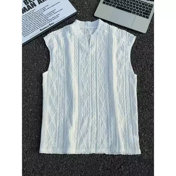 Old Money Style Diamond Pattern Hollow Mesh V-Neck Vest for Men, Summer Thin Breathable Sports Knit Sleeveless Tank Top T-Shirt