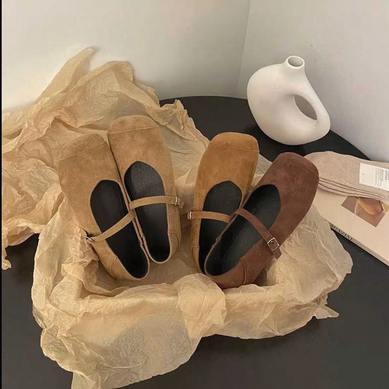 法式复古一字扣带森女风玛丽珍女鞋浅口绒面磨砂皮方头软底休闲鞋|undefined