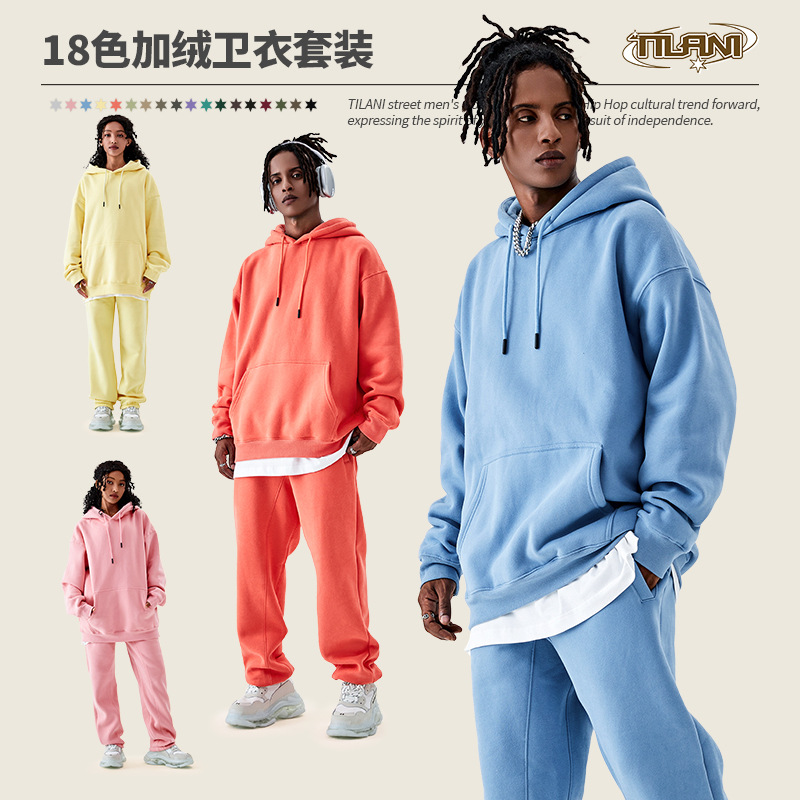 Conjunto deportivo unisex, sudadera con capucha y pantalón, forro polar grueso 350g, moda europea y americana