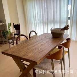 诧寂风老榆木餐桌家用客厅长条桌复古民宿茶桌做旧风化书桌茶台
