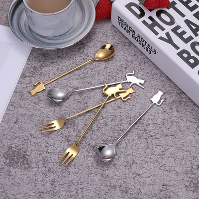 originality Mini lovely 304 Stainless steel Fork spoon tableware Fruit fork coffee Stirring spoon Gilded cat spoon fork