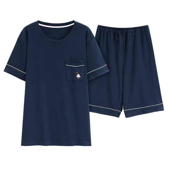 Class a Pure Cotton Antibacterial Pajamas for Men Summer New Short-Sleeved Shorts Pullover Can Be Worn Outside Men's Cotton Home Clothes