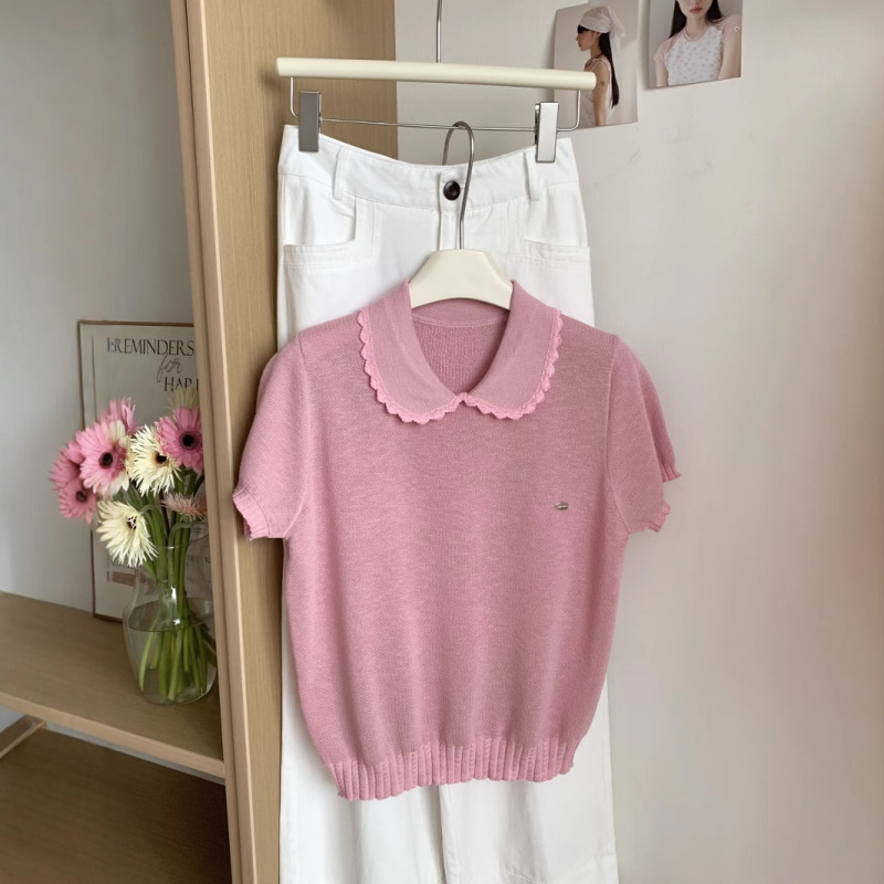 韓国ベビードールカラー半袖Tシャツ夏の新しい甘い年齢を減らす気質ニットセーターレースレーストップ|undefined