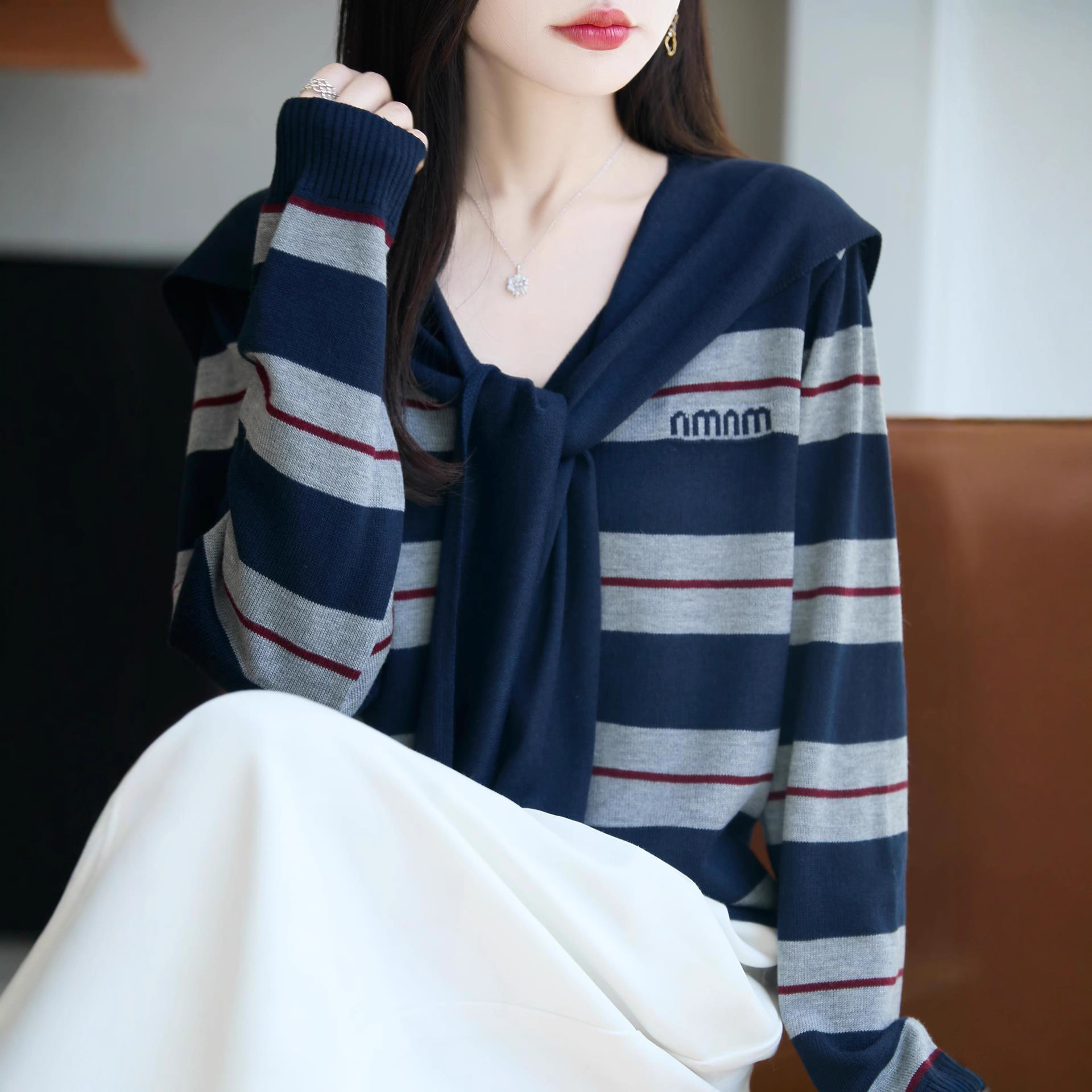 法式撞色条纹假两件披肩针织开衫女短外套毛衣2025宽松设计感上衣