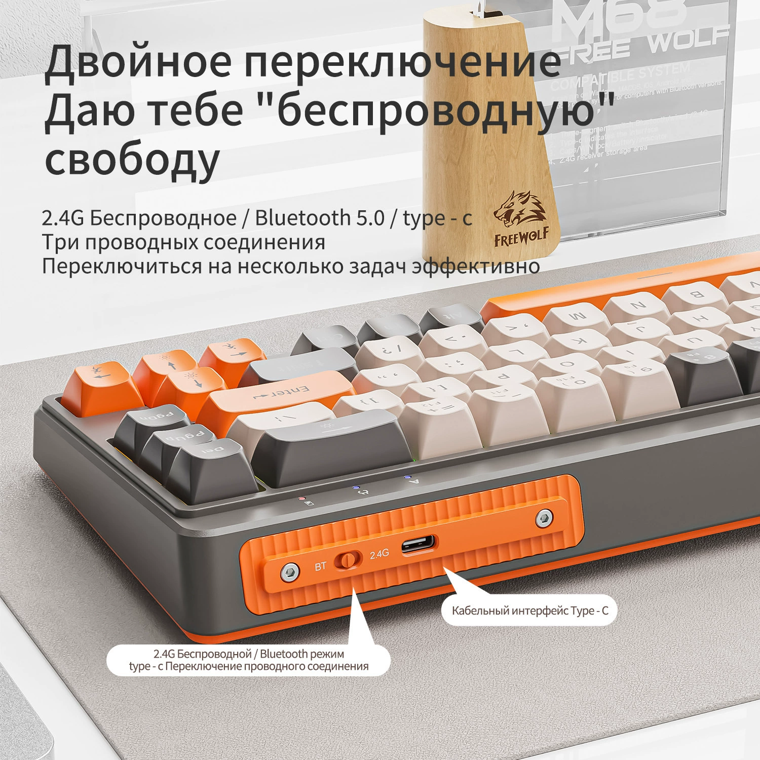 Свободный Wolf M68 русский беспроводной Bluetooth три режима механическое ощущение русская клавиатура игра бесшумная русский