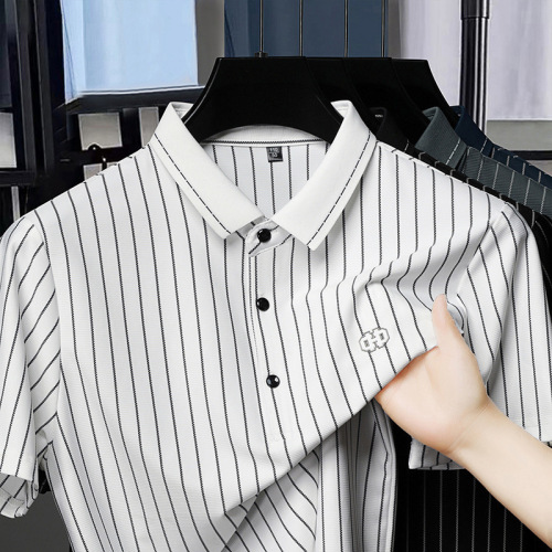 Summer New Men's Short Sleeve T-Shirt Youth Men's Vertical Stripe Half-Sleeve Polo Collar T-Shirt Men Cross-Border Foreign Trade