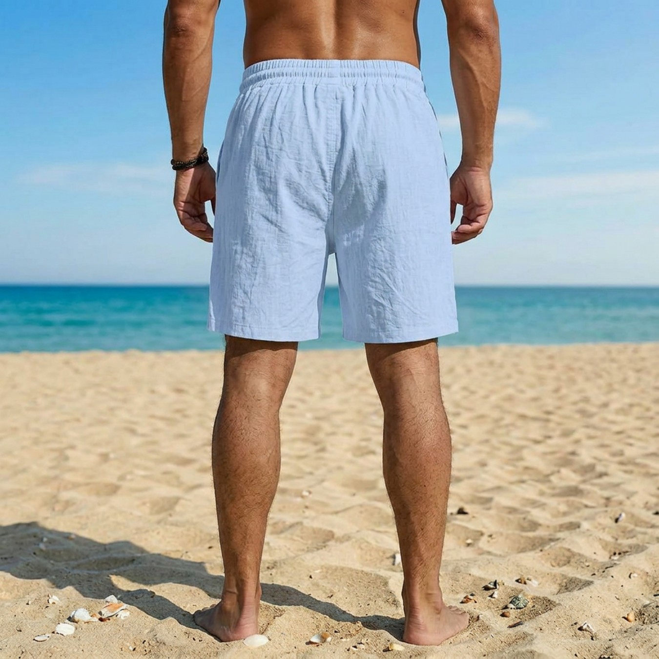 Men's Loose Fit American Linen Beach Casual Washed Button Five Point Sports Shorts mid Waist Summer Polyester Shorts_viptrois.com