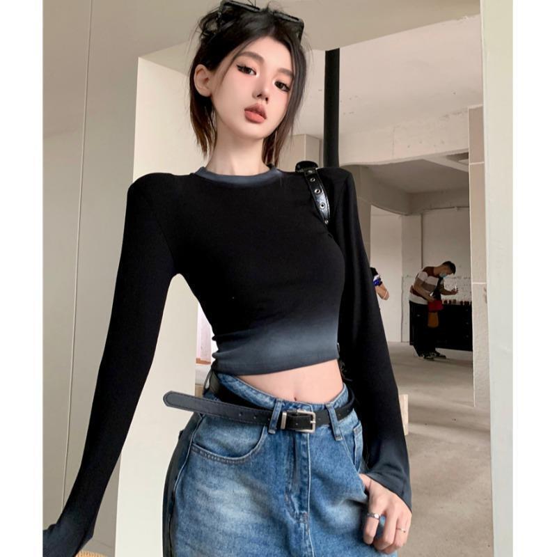 Lhh~American-Style Spicy Girl Gradient Color Round Neck Long-Sleeve T-Shirt, 2026 New Slim-Fit Base Shirt, Short Crop Top Lhh~American-Style Spicy Girl Gradient Color Round Neck Long-Sleeve T-Shirt, 2026 New Slim-Fit Base Shirt, Short Crop Top