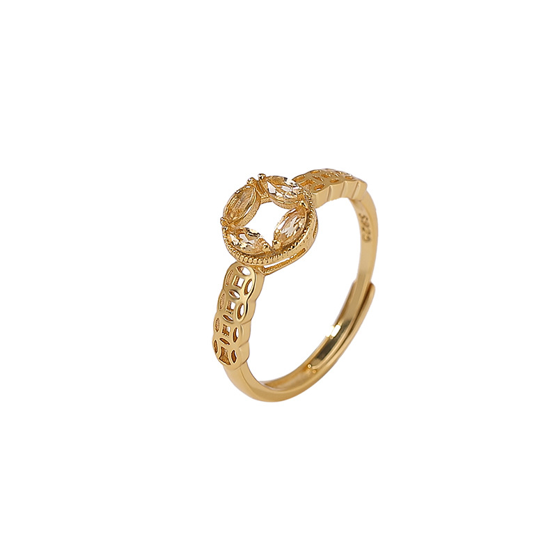Nhẫn bạc S925 mạ vàng đính đá pha lê hình đồng xu rỗng cá tính, có thể điều chỉnh độ mở — Một mảnh