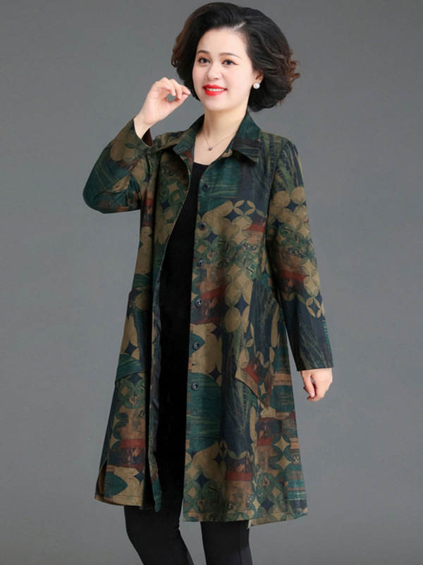 加肥加大码女装风衣中长款外套新款印花春秋洋气中老年妈妈上衣女|undefined