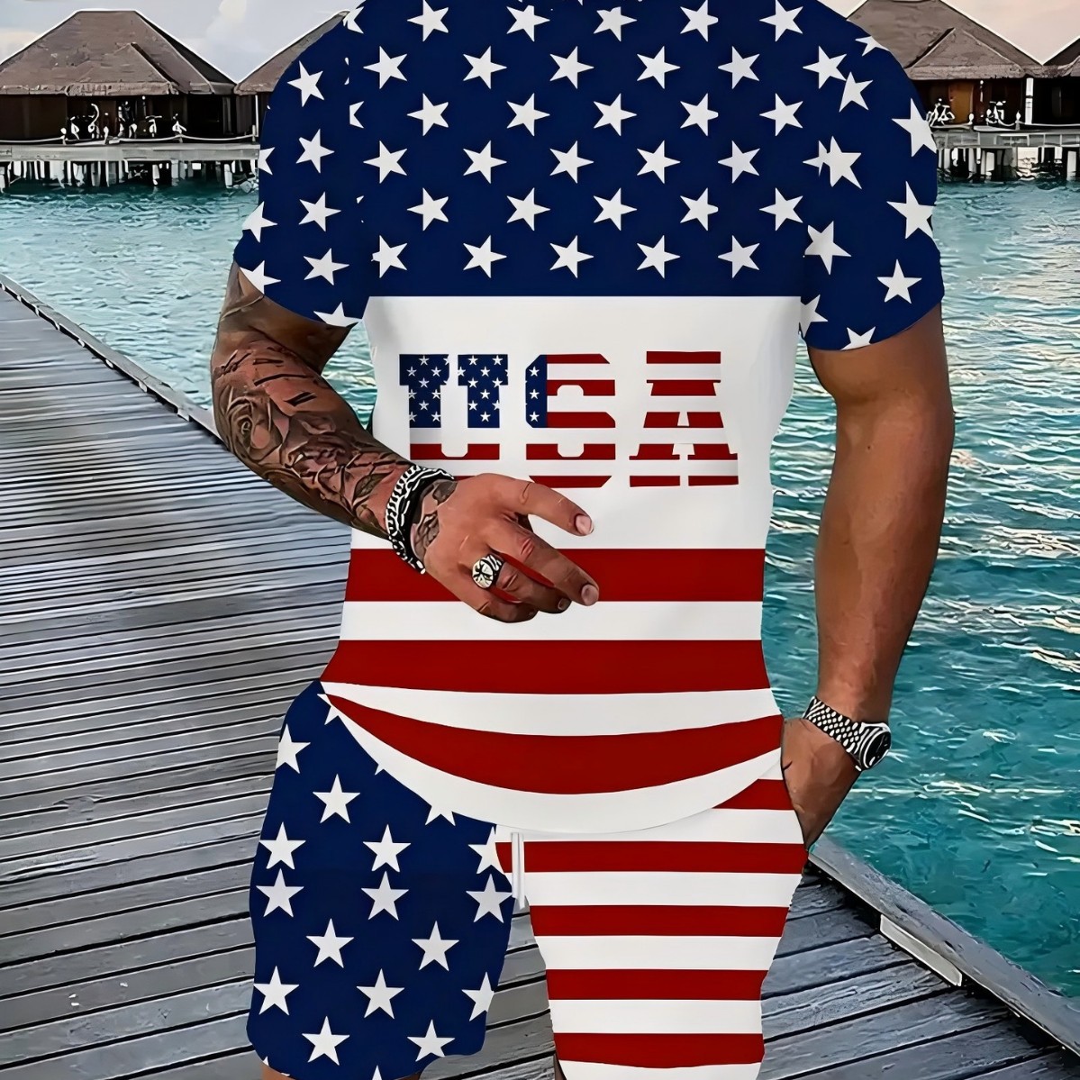Comercio exterior europeo y americano Amazon 2025 nueva moda patrón de estrella de cinco puntas camiseta de manga corta pantalones cortos traje ME2 MA1