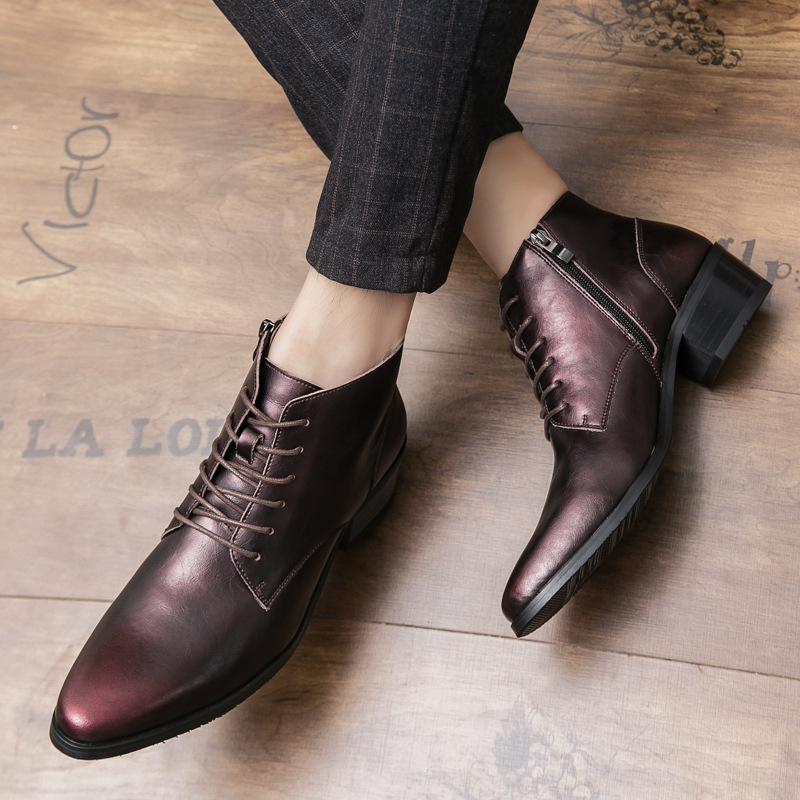 2023 Mid-Top Men's Shoes Fashion Casual Leather Shoes Trendy Personality Martin Boots Thick-Soled Low-Heeled Trendy Shoes Thick-Soled Height-Increasing