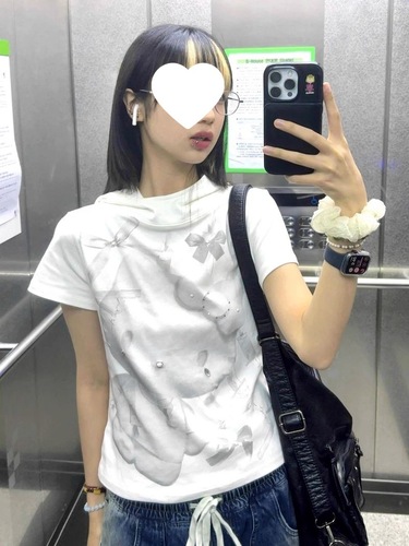 [210g, 40-count Pure Cotton] KT Cat Print Rhinestone-Embellished Short-Sleeve T-Shirt for Women | Designer-Like Hooded Slim-Fit Top