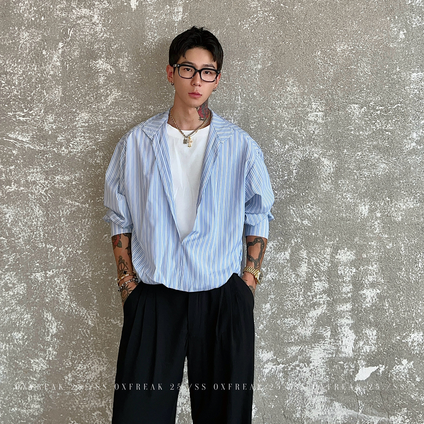 Oxfreak "Lyocell Blue and White Stripes" Old Money Style Fake Two-Piece V-Neck Long Sleeve Shirt for Men Loose Shirt