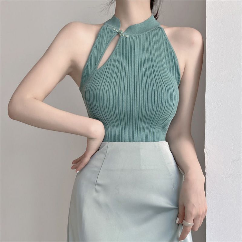New Chinese Buckle Sleeveless Backless Cheongsam Vest Summer Retro Short Cheongsam Collar Slim-fit Chic Top