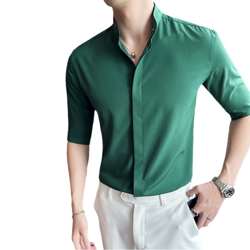 Tiktok actualizado verano nuevos hombres camisa de manga corta de moda coreana juventud tapeta oscura pequeño collar de pie camisa casual