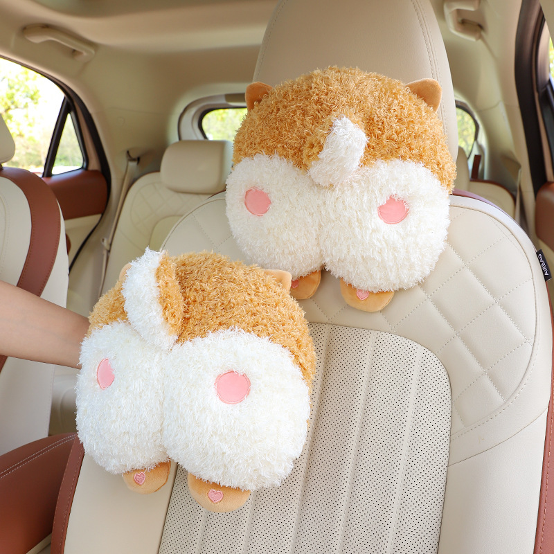 卡通汽車頭枕護頸枕柯基屁屁創意可愛毛絨車載靠枕座椅腰墊護腰托