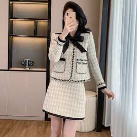 2026女士秋冬款小香风蝴蝶结系带外套加半身裙两件套装