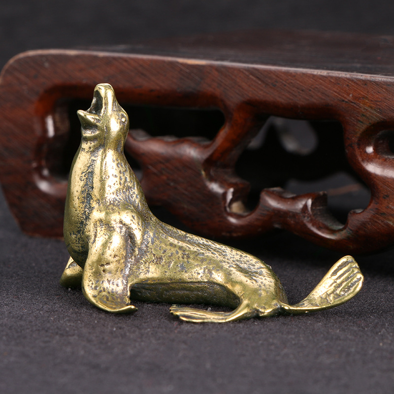 仿古做旧纯黄铜海狮铜摆件创意仿古铜器手把件桌面镇纸工艺品收藏