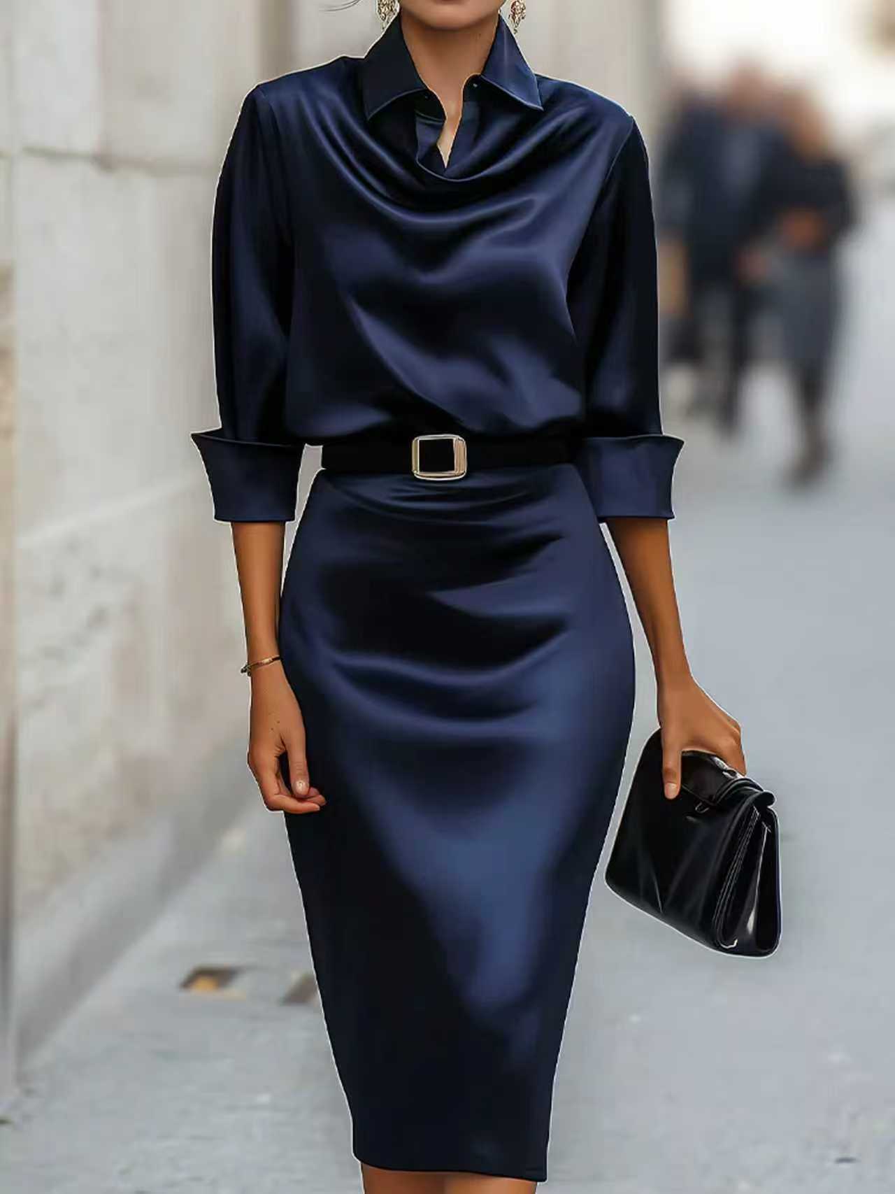 Women's Casual Long Dress With Belt Mid Sleeve Fashion Style Regular Fit Lanon_ecoleips.com