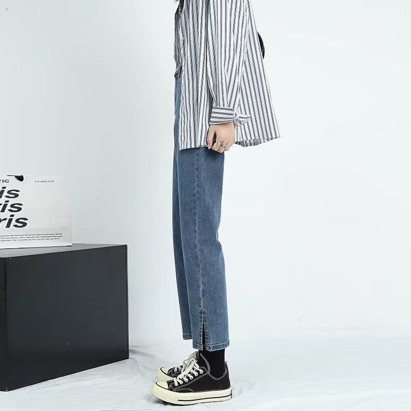 스트레이트 튜브 스플릿 청바지 여성용 2025 년 봄 새로운 높은 허리 슬림 핏 슬리밍 쁘띠 자른 연기 튜브 바지
