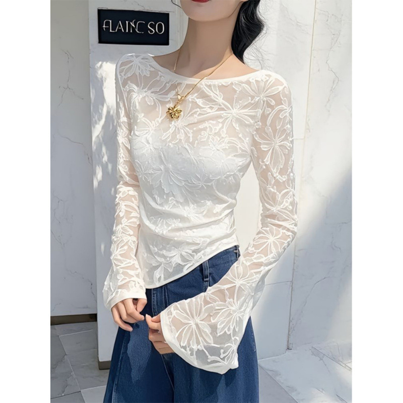 Bamboo Leaf Jacquard Asymmetrical Long-Sleeved Bottoming Shirt Top 2025 Spring New Style Slim Short Shirt Women's Clothing