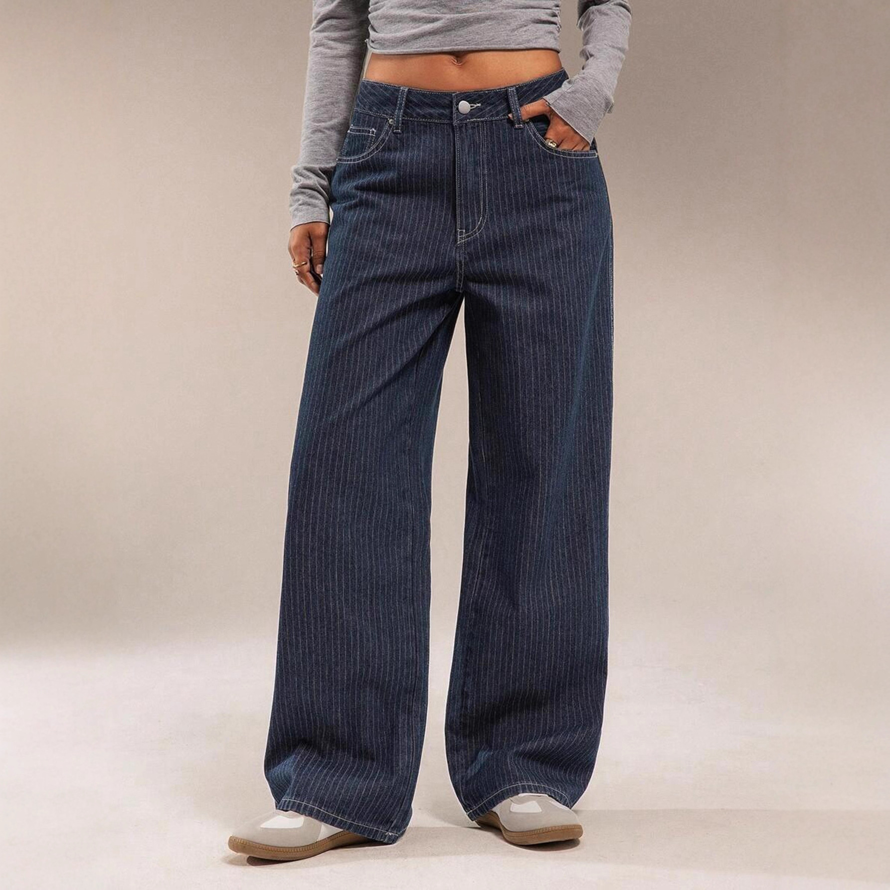 European And American Cross-border Women's Jeans, 2025 Autumn New Style, Blue Striped Casual Straight-le,_ecoleips.com