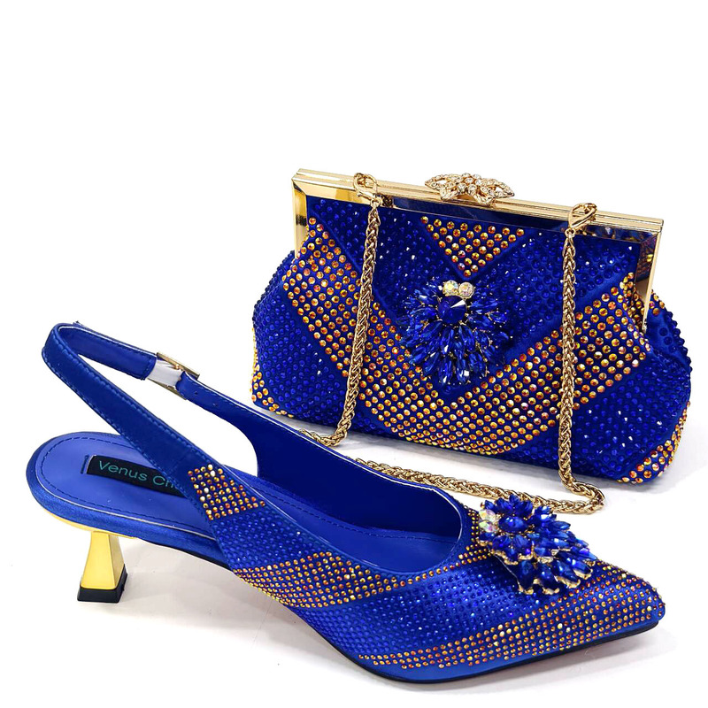 Nigeria Royal Blue Pointed Shoe Bag suit Combination Electroplated Heeled Pointed Shoe Ladder Bag (Soft)