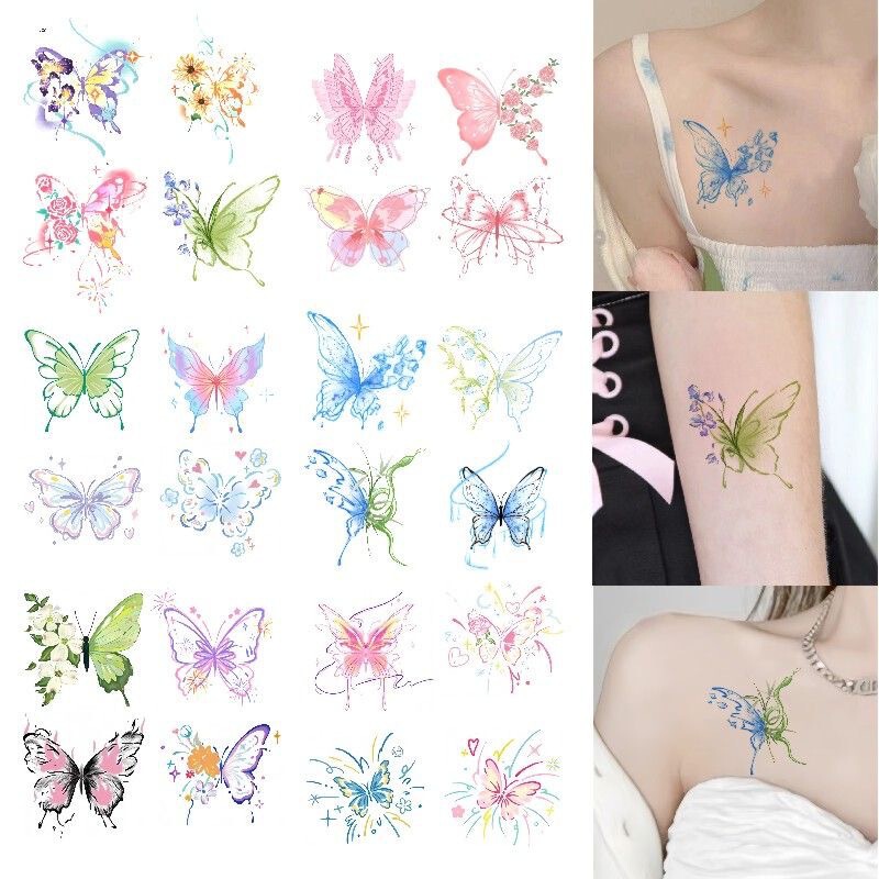Colorful Butterfly Tattoo Stickers, Beautiful Flowers, High-End Ins Girly Heart Collarbone Arm Waterproof Long-Lasting Tattoo Stickers Colorful Butterfly Tattoo Stickers, Beautiful Flowers, High-End Ins Girly Heart Collarbone Arm Waterproof Long-Lasting Tattoo Stickers