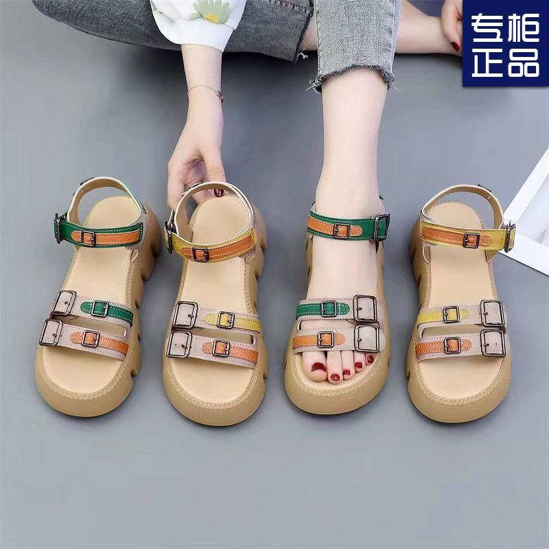 Сандалии женские наружные летние новые мягкие кожаные модные цветовые толстые подошвы женские сандалии легкие круглые головы плоские подошвы римские сандалии