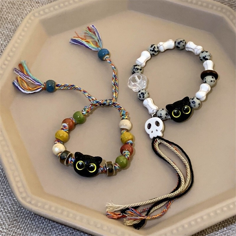 Skull Cat Ceramic Woven Rope Bracelet Female Niche Design Sweet Cool Chinese Style Tassel Color Bracelet