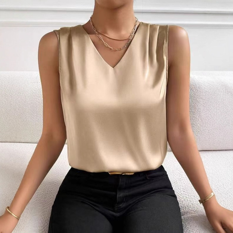 2025 Amazon European and American Cross-Border Women's Clothing Satin Suit with Cut Sleeves and Elegant Commuter Vest Bottoming Top