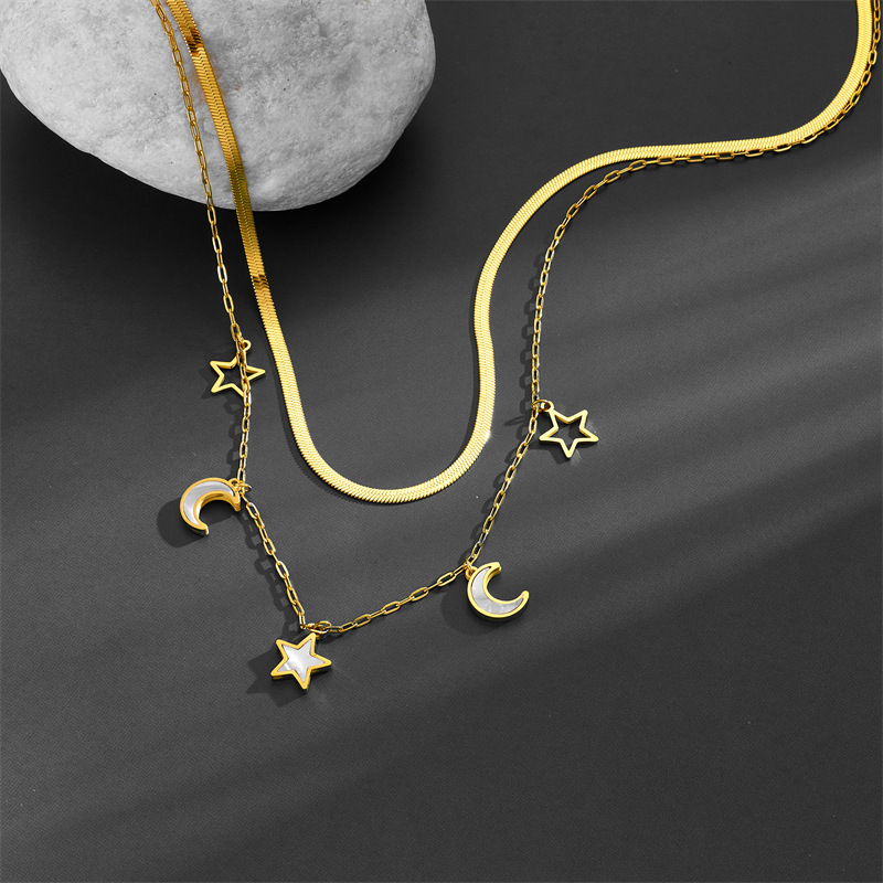 304 Stainless Steel Chain Material cable chain Chain Type 1 Piece Quantity PVD Coated Real Gold Plated 18K Gold Star Moon Titanium Steel Sweet Waterproof Non Tarnish Titanium Steel Pendant Necklace