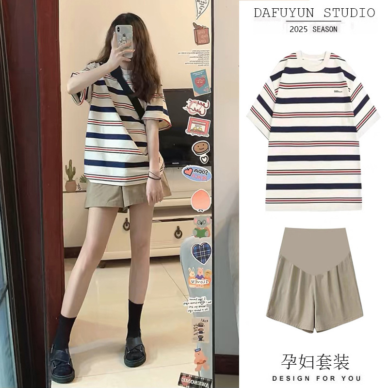Maternity Suit Fashion College Korean Style Summer Short-Sleeved Shorts Stripesd T-Shirt Casual Sports Popular Two-Piece Set for Women Maternity Suit Fashion College Korean Style Summer Short-Sleeved Shorts Stripesd T-Shirt Casual Sports Popular Two-Piece Set for Women