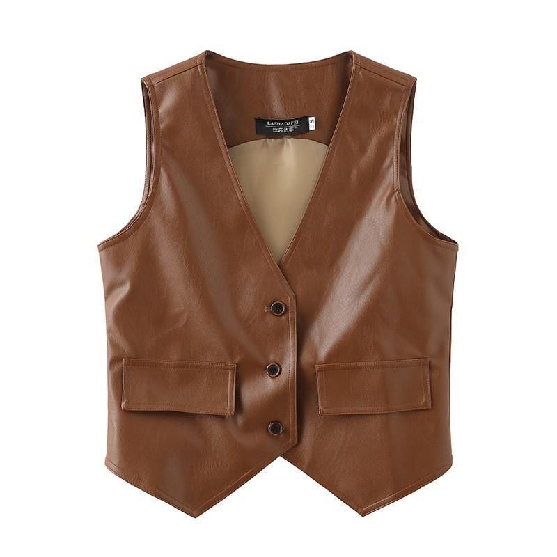 Vest Leather Jacket Spring and Autumn Sleeveless Retro New Style Elegant Waistcoat Fashion Vest Loose Short Top Pu Jacket for Women
