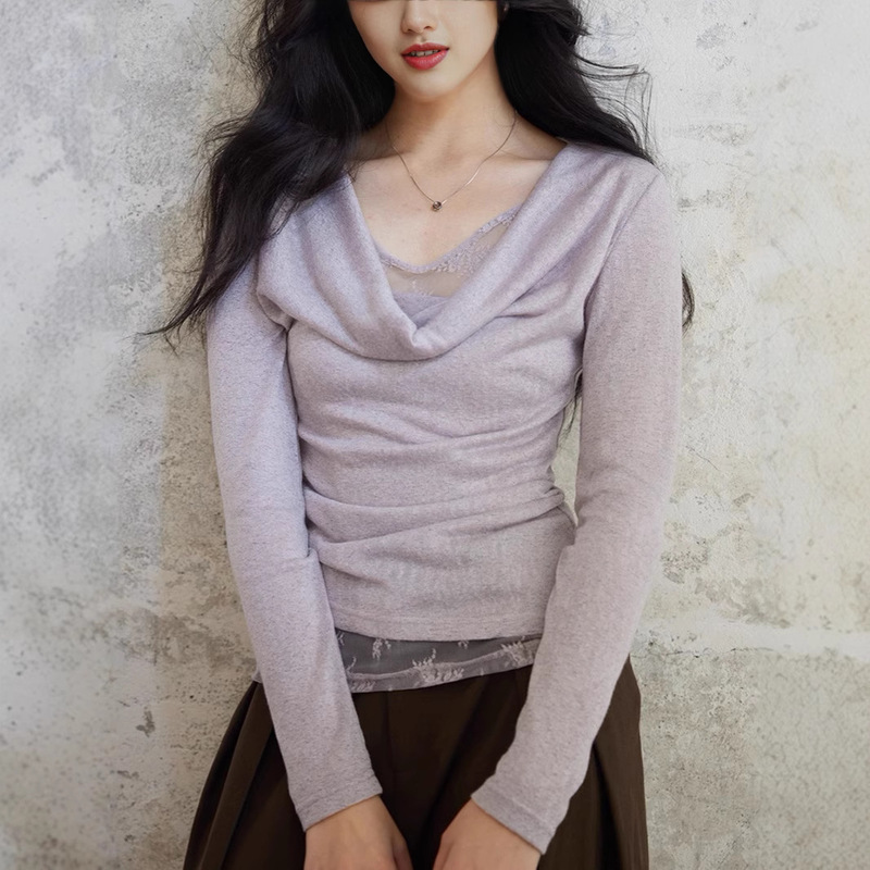 Tyang Two Sheep [Yu Qin] Fake Two-Piece Swing Collar Lace Patchwork Slim Fit Long Sleeve Purple Sweater