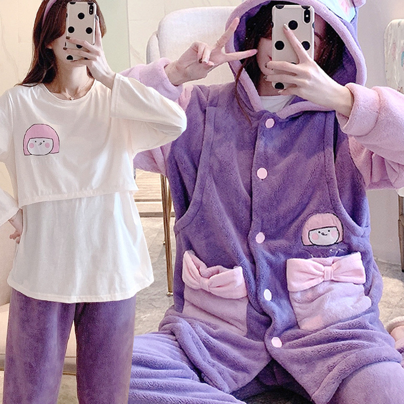 Flannel Moon Clothing Autumn and Winter Warm Postpartum Breast-feeding Three-piece Coral Fleece Pregnant Women's Pajamas Winter Maternal Breast-feeding