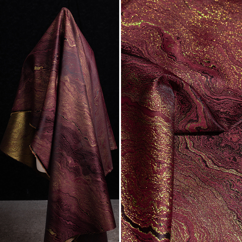 酒红色鎏金提花布料地貌流体复古旗袍外套裙裤装饰服装设计师面料