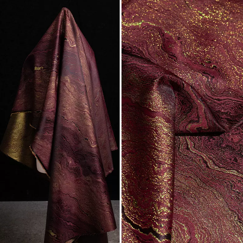 酒红色鎏金提花布料地貌流体复古旗袍外套裙裤装饰服装设计师面料