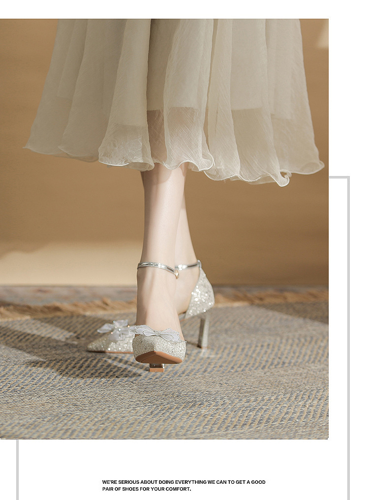 Giày sandal cao gót nữ quai ngang mũi nhọn gót nhọn CH8006-5 — Màu Sâm panh chi tiết 13