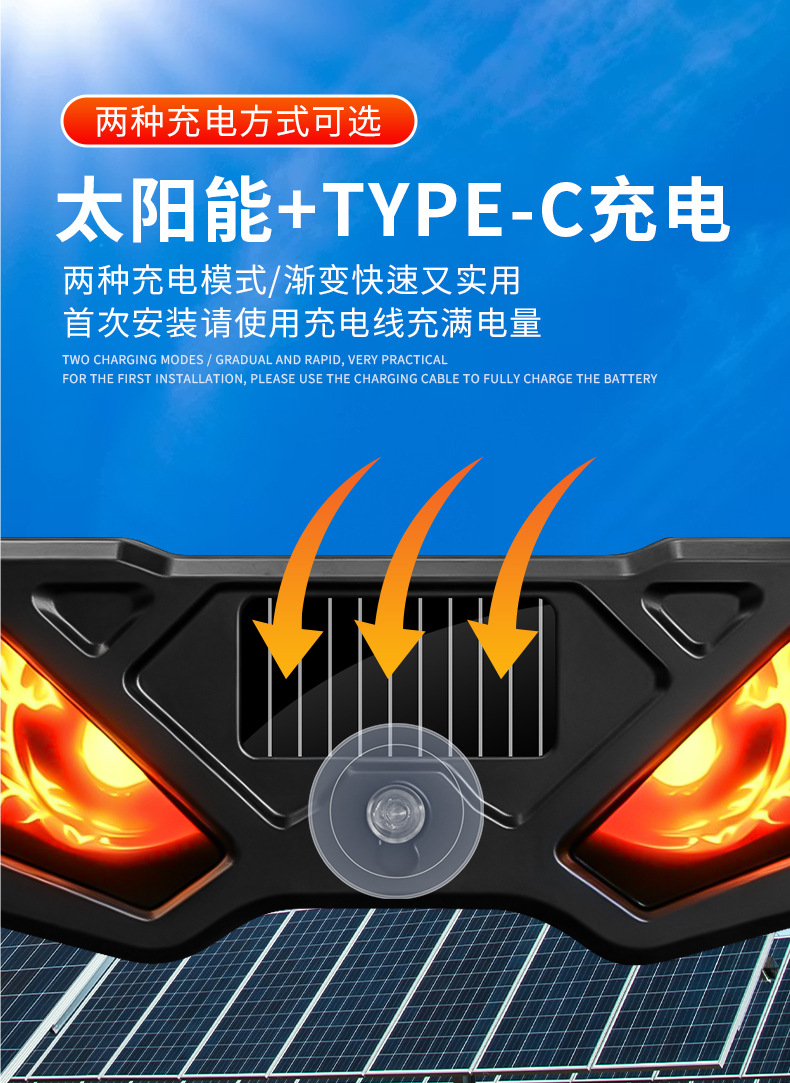 Cross-border solar-powered dynamic devil eye LED expression light warning light for trucks with suction cup eye light