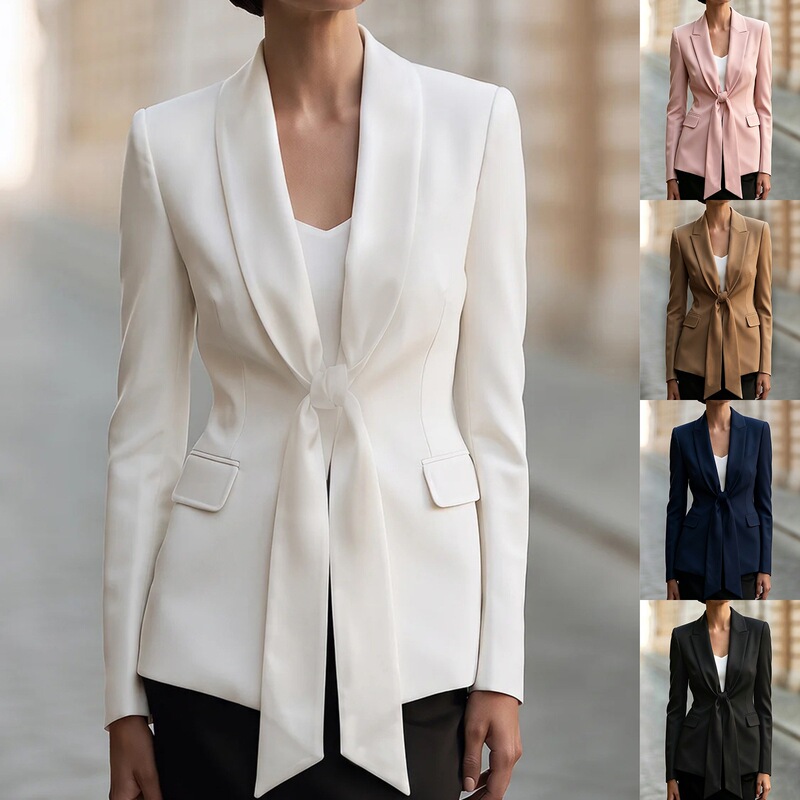 2026 European and American minimalist solid color blazer with tie collar, long-sleeved slim-fit business commuter formal jacket for women, white 2026 European and American minimalist solid color blazer with tie collar, long-sleeved slim-fit business commuter formal jacket for women, white