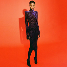 现货 2026欧美明星新款性感透视豹纹烧花丝绒高领弹力紧身连衣裙