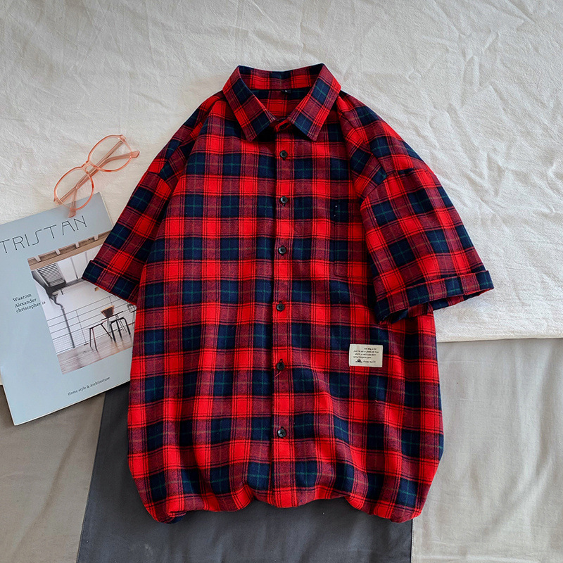 Camisas de manga corta a cuadros para hombres de verano nuevo estilo suelto marca de moda camisa de media manga americana chaqueta casual retro