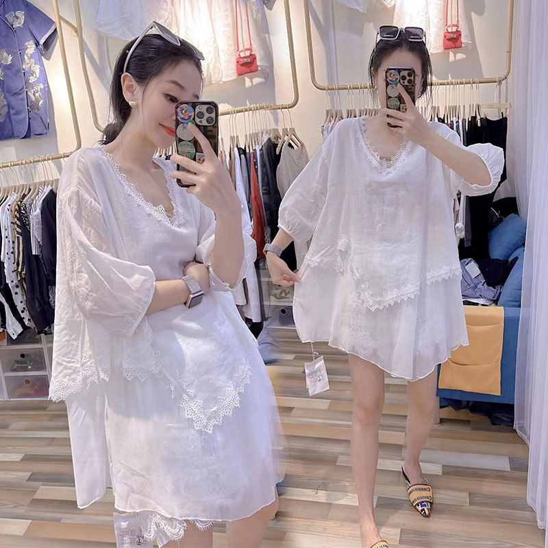 Plus Size 1.0-150kg Summer New Style Double-Layer Lace Trim Short-Sleeve T-Shirt for Women Trendy Fashion Versatile Plus Size 1.0-150kg Summer New Style Double-Layer Lace Trim Short-Sleeve T-Shirt for Women Trendy Fashion Versatile