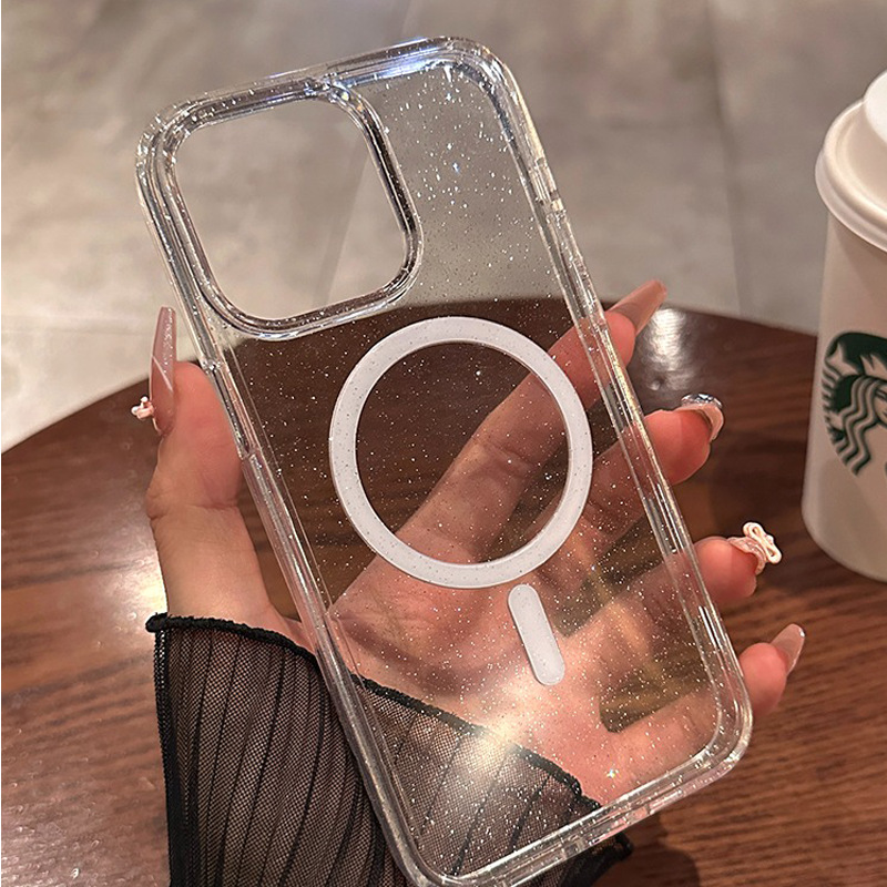 Ốp lưng điện thoại trong suốt acrylic cứng cho iPhone 13/14/15/16 Pro Max, hỗ trợ từ tính MagSafe — 【Hoàn toàn trong suốt★Vỏ cứng hút từ tính lấp lánh] viền mềm