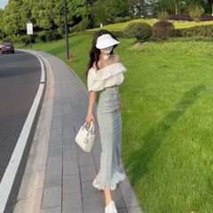 2025春夏牛仔鱼尾裙高腰包臀裙半身裙显瘦气质白色一字肩上衣纯色